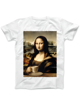 Koszulka Koszulka Damska Mona Lisa z Kawą Biała - Śmieszne T-Shirty z Nadrukami ?