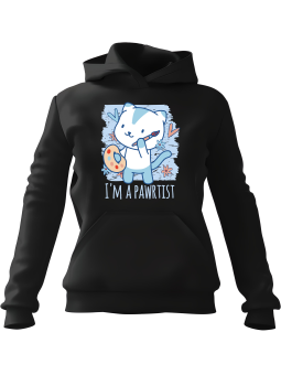 Bluza Damska z kapturem Kot Pawrtist Czarna - Modna Odzież z Nadrukami ?