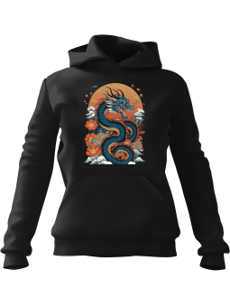 Bluza Damska z kapturem Smok Na Pomarańczowym Tle Czarna - Modna Odzież z Nadrukami ?