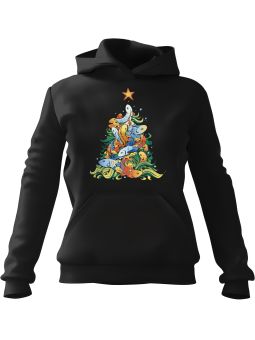 Bluza Damska z kapturem Choinka z Rybami Czarna - Modna Odzież z Nadrukami ?