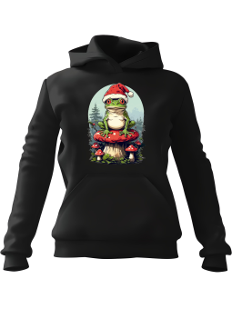 Bluza Damska z kapturem Żaba w Czapce Mikołaja Czarna - Modna Odzież z Nadrukami ?