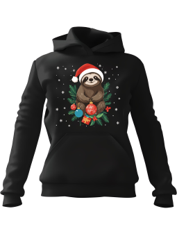 Bluza Damska z kapturem Słodki Świąteczny Leniwiec Czarna - Modna Odzież z Nadrukami ?