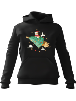 Bluza Damska z kapturem Kot Na Lecącej Choince Czarna - Modna Odzież z Nadrukami ?