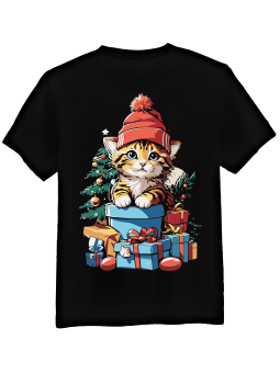 Koszulka Koszulka Męska Kotek w Czapce z Prezentami Czarna - Śmieszne T-Shirty z Nadrukami ?
