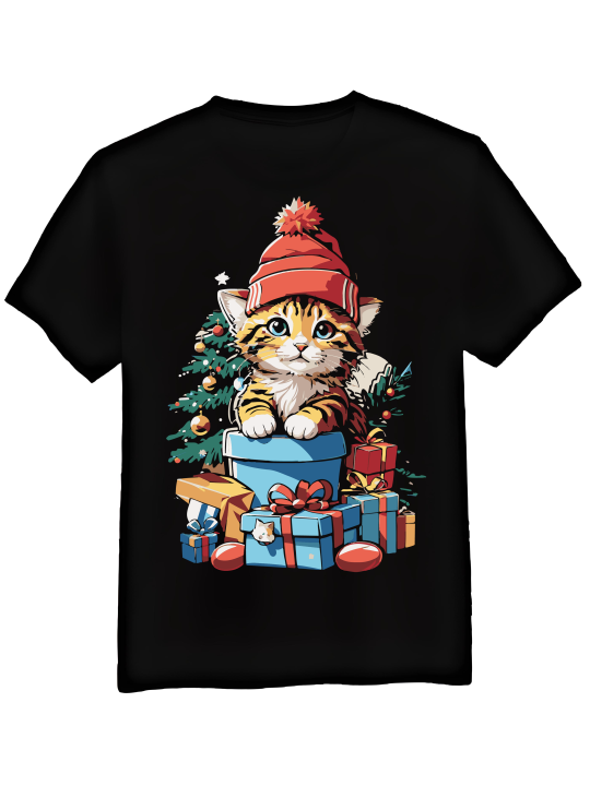 Koszulka Koszulka Męska Kotek w Czapce z Prezentami Czarna - Śmieszne T-Shirty z Nadrukami ?