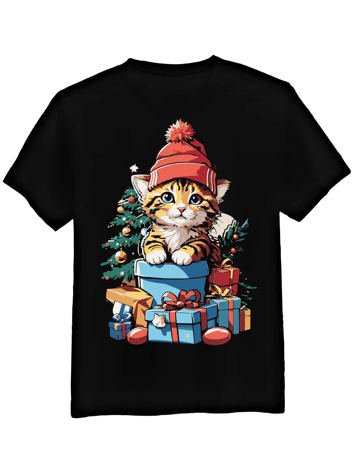 Koszulka Koszulka Męska Kotek w Czapce z Prezentami Czarna - Śmieszne T-Shirty z Nadrukami ?