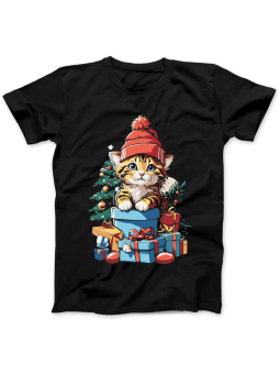 Koszulka Koszulka Damska Kotek w Czapce z Prezentami Czarna - Śmieszne T-Shirty z Nadrukami ?