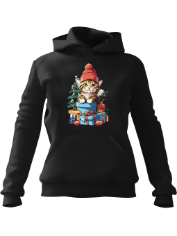 Bluza Damska z kapturem Kotek w Czapce z Prezentami Czarna - Modna Odzież z Nadrukami ?