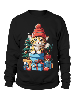 Bluza Męska Kotek w Czapce z Prezentami Czarna - Śmieszne T-Shirty z Nadrukami ?