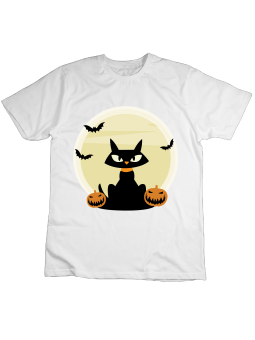 Koszulka Koszulka Dziecięca Czarny Kot Halloween Biała - Śmieszne T-Shirty z Nadrukami ?