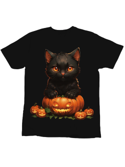 Koszulka Koszulka Dziecięca Kotek z Dyniami Czarna - Śmieszne T-Shirty z Nadrukami ?