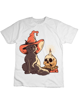 Koszulka Koszulka Dziecięca Kot w Kapeluszu z Czaszką Biała - Śmieszne T-Shirty z Nadrukami ?