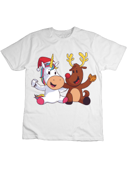 Koszulka Koszulka Dziecięca Jednorożec i Reniferek Biała - Śmieszne T-Shirty z Nadrukami ?