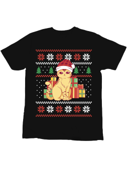 Koszulka Koszulka Dziecięca Świąteczny Słodki Kot Czarna - Śmieszne T-Shirty z Nadrukami ?