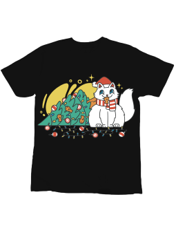 Koszulka Koszulka Dziecięca Kot z Przewróconą Choinką Czarna - Śmieszne T-Shirty z Nadrukami ?