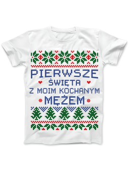 Koszulka Koszulka Damska Pierwsze Święta z Mężem Biała - Śmieszne T-Shirty z Nadrukami ?