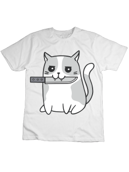 Koszulka Koszulka Dziecięca Kot z Nożem Biała - Śmieszne T-Shirty z Nadrukami ?