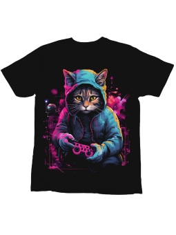 Koszulka Koszulka Dziecięca Kot Gamer Czarna - Śmieszne T-Shirty z Nadrukami ?