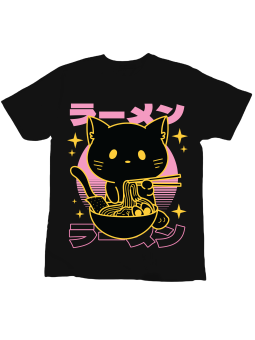 Koszulka Koszulka Dziecięca Anime Ramen Kot Czarna - Śmieszne T-Shirty z Nadrukami ?