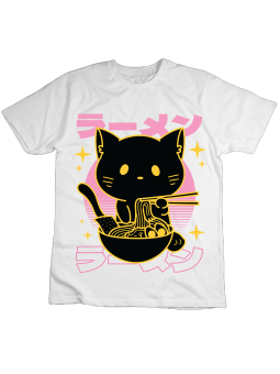 Koszulka Koszulka Dziecięca Anime Ramen Kot Biała - Śmieszne T-Shirty z Nadrukami ?