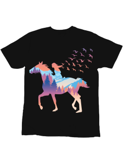 Koszulka Koszulka Dziecięca Dziewczyna na Koniu Góry Czarna - Śmieszne T-Shirty z Nadrukami ?