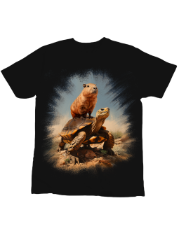 Koszulka Koszulka Dziecięca Kapibara Na Żółwiu Czarna - Śmieszne T-Shirty z Nadrukami ?