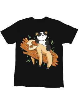 Koszulka Koszulka Dziecięca Panda Siedząca na Leniwcu Czarna - Śmieszne T-Shirty z Nadrukami ?