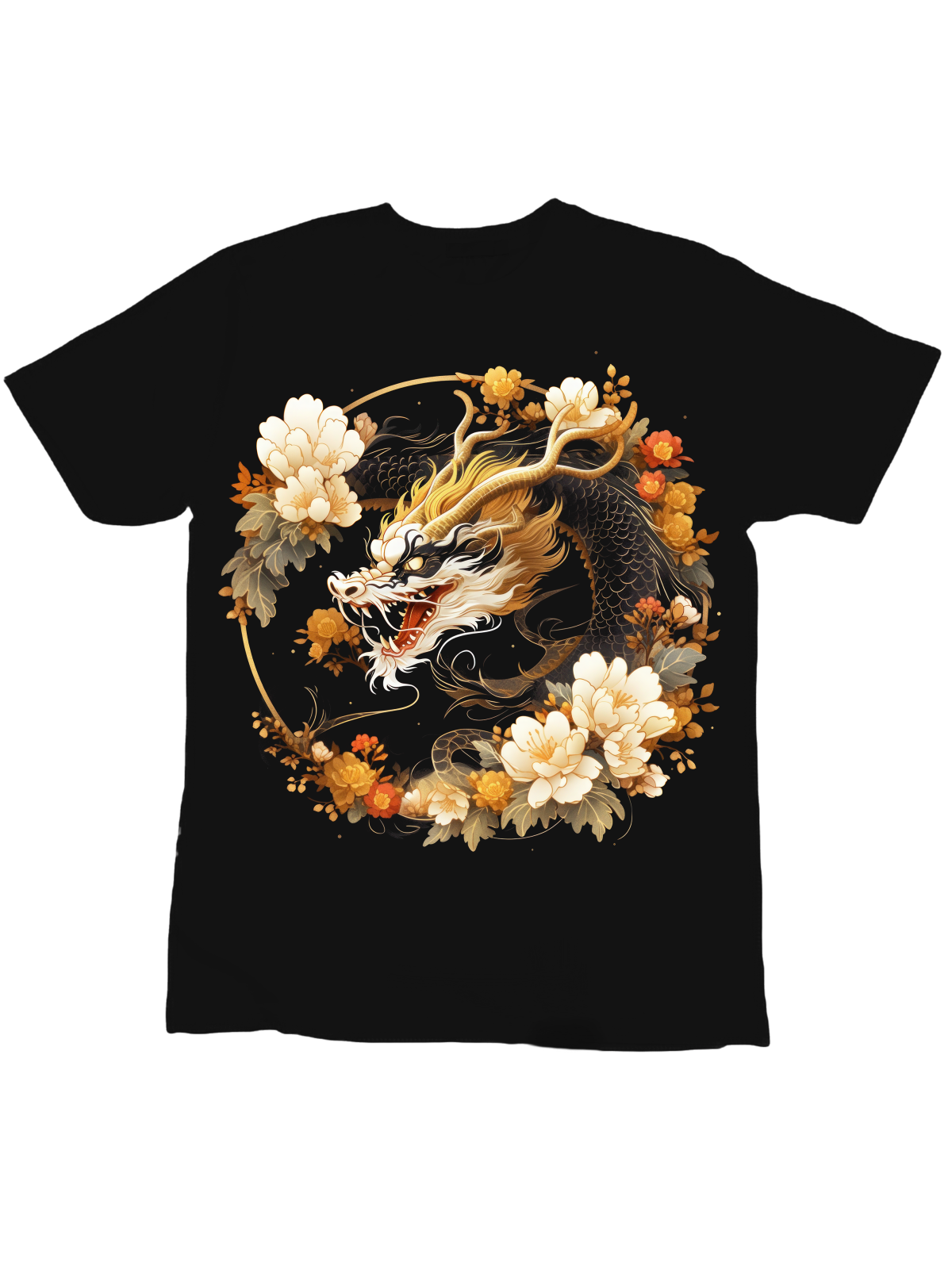 Koszulka Koszulka Dziecięca Smok Kwiaty Okrąg Czarna - Śmieszne T-Shirty z Nadrukami ?