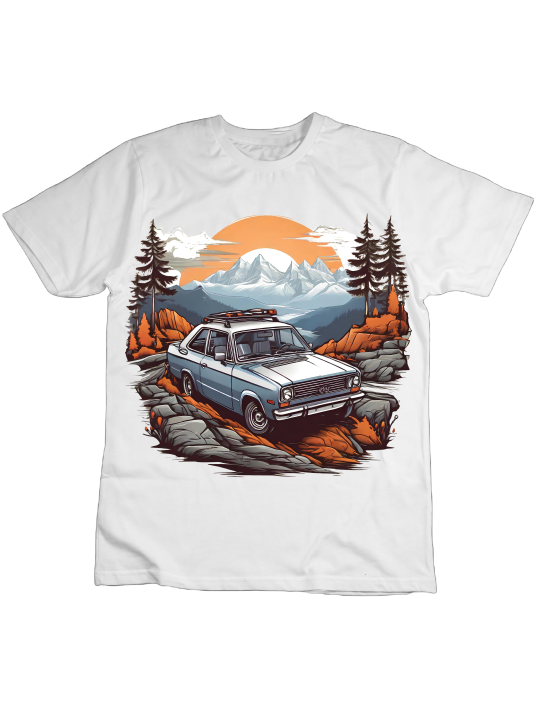 Koszulka Koszulka Dziecięca Samochód w Górach Biała - Śmieszne T-Shirty z Nadrukami ?