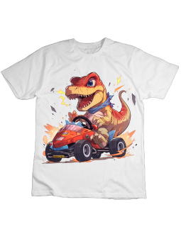 Koszulka Koszulka Dziecięca Dinozaur w Gokarcie Biała - Śmieszne T-Shirty z Nadrukami ?