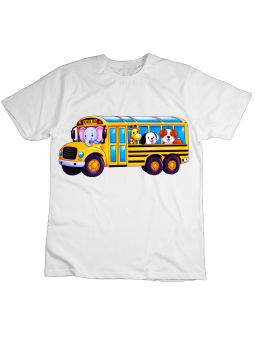 Koszulka Koszulka Dziecięca Szkolny Autobus ze Zwierzątkami Biała - Śmieszne T-Shirty z Nadrukami ?