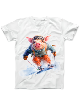 Koszulka Koszulka Damska Świnka Na Nartach Biała - Śmieszne T-Shirty z Nadrukami ?