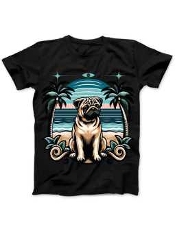 Koszulka Koszulka Damska Mops Na Plaży Czarna - Śmieszne T-Shirty z Nadrukami ?