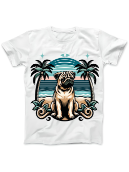 Koszulka Koszulka Damska Mops Na Plaży Biała - Śmieszne T-Shirty z Nadrukami ?