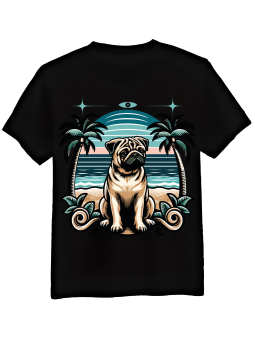 Koszulka Koszulka Męska Mops Na Plaży Czarna - Śmieszne T-Shirty z Nadrukami ?