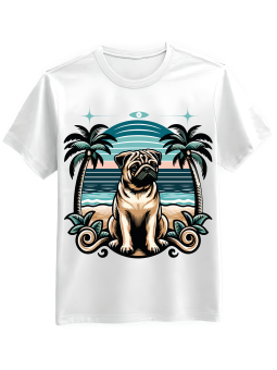 Koszulka Koszulka Męska Mops Na Plaży Biała - Śmieszne T-Shirty z Nadrukami ?