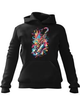 Bluza Damska z kapturem Kolorowy Saksofon Czarna - Modna Odzież z Nadrukami ?